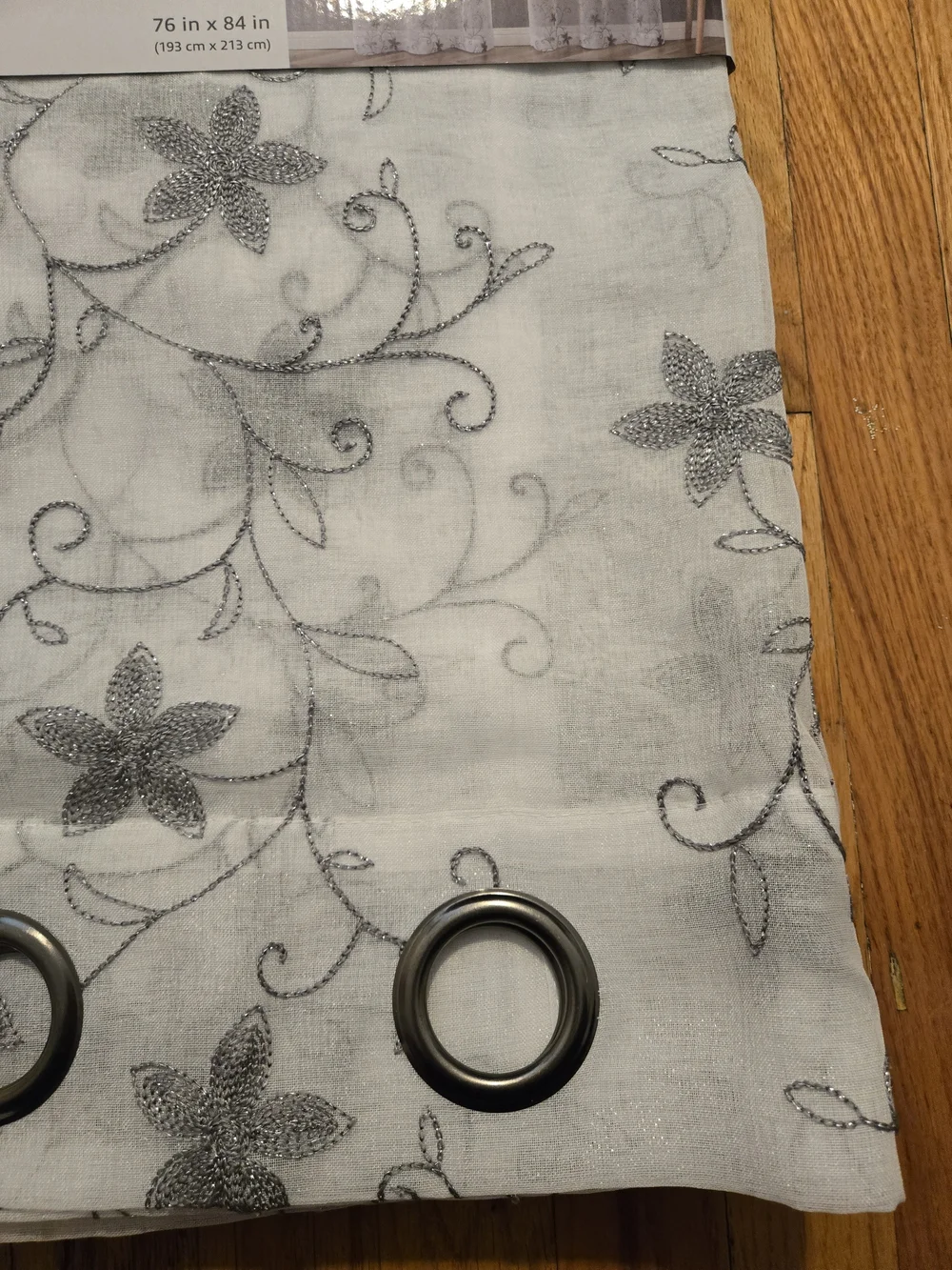 Rochelle White Sheer Curtain Panel with Silver Floral Embroidery